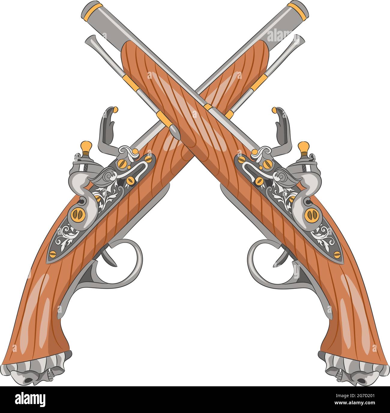 Coppia di pistole flintlock vintage isolate su sfondo bianco. Illustrazione Vettoriale