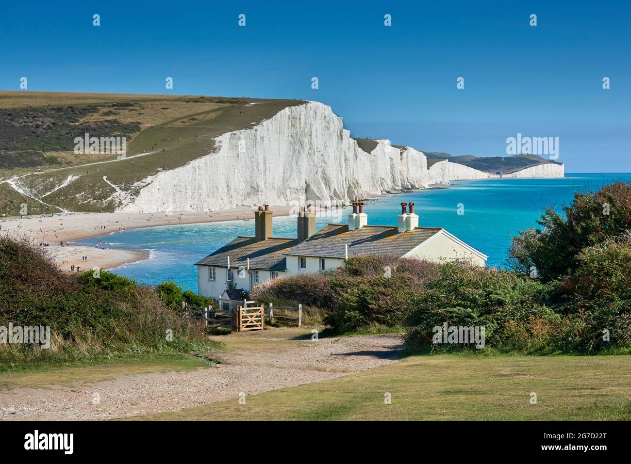 Cuckmere Haven e Seven Sisters Chalk scogliere sulla costa orientale del Sussex, nel sud-est dell'Inghilterra Foto Stock