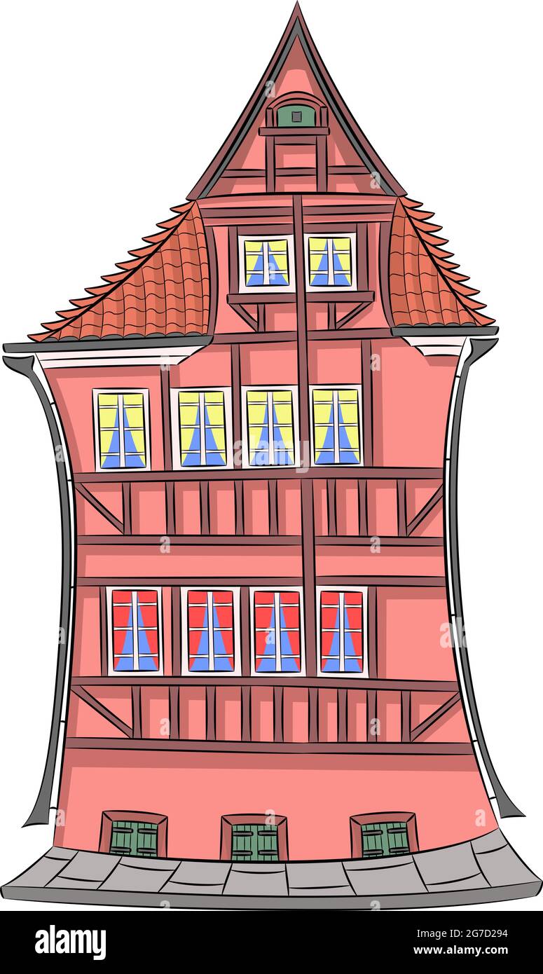 Illustrazione vettoriale. Facciata rossa di una casa medievale a graticcio con tetto in tegole. Copenaghen. Danimarca. Illustrazione Vettoriale