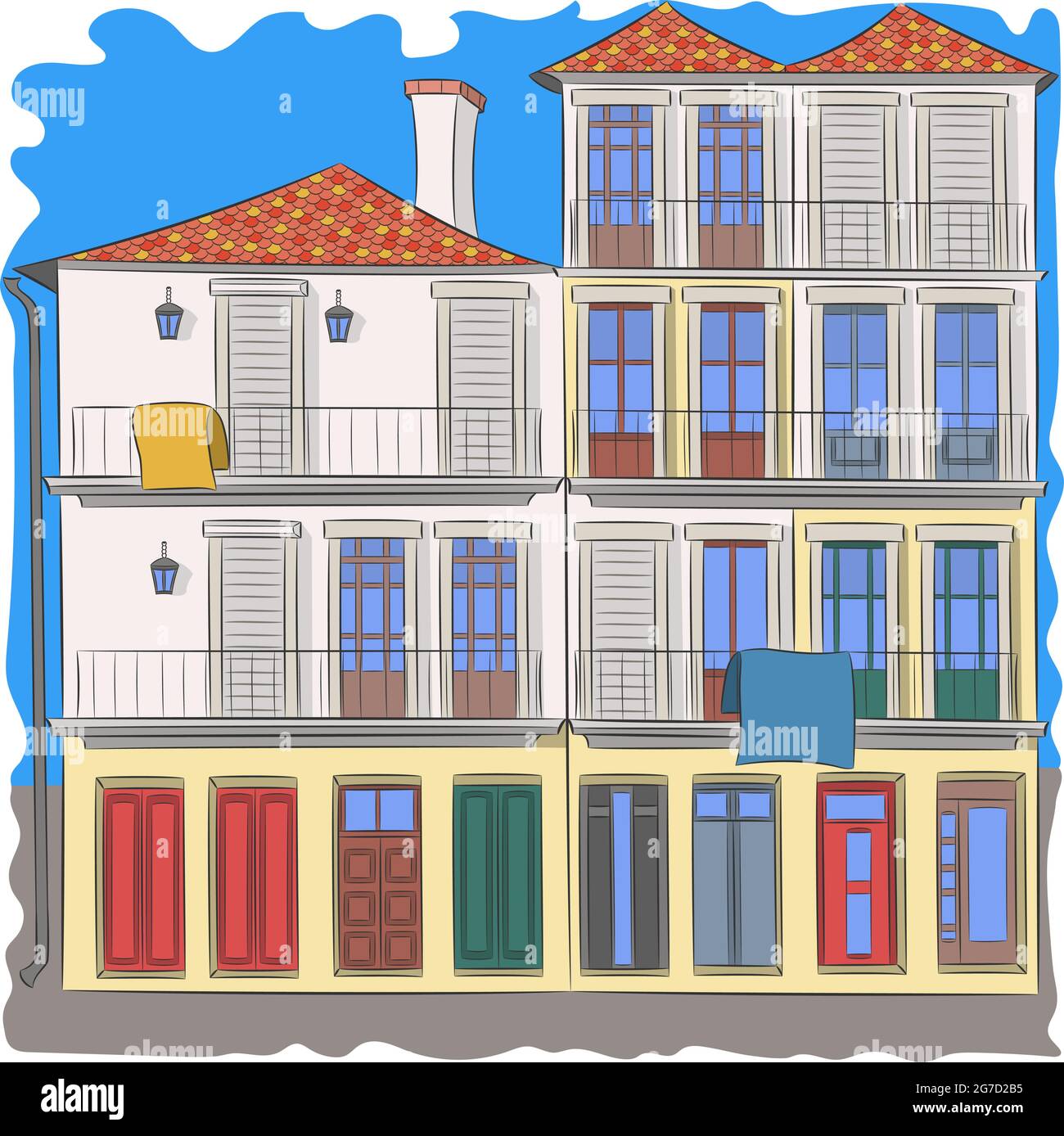 Vista sulla facciata colorata di una vecchia casa tipica di Porto. Portogallo. Illustrazione Vettoriale