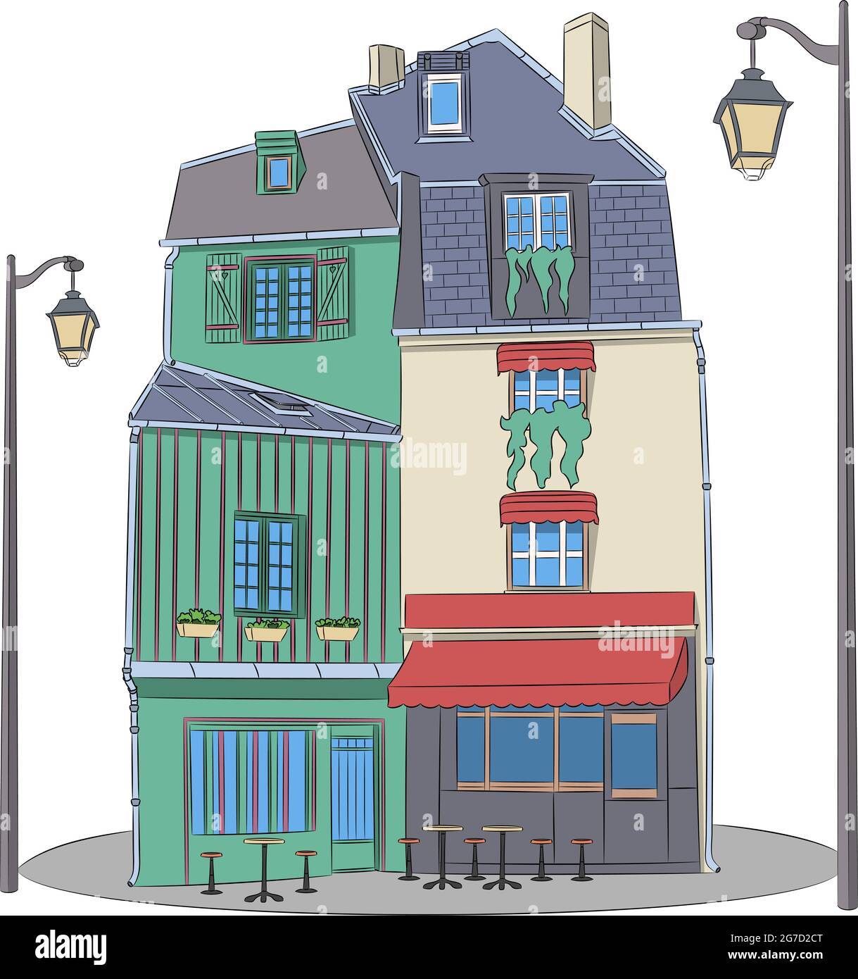 Tradizionale caffetteria francese in una vecchia casa parigina. Illustrazione Vettoriale