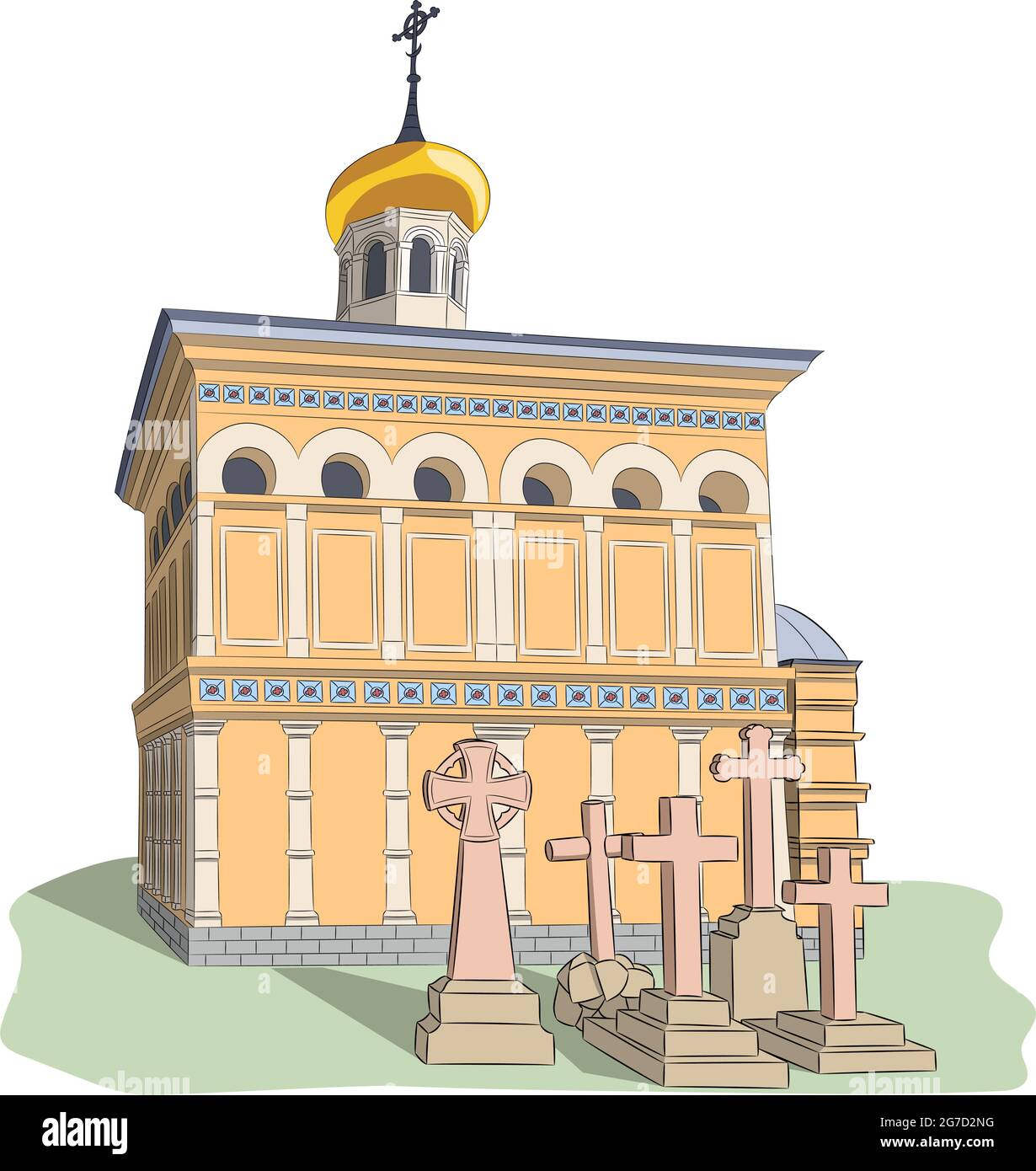 Chiesa ortodossa con una cupola dorata e una croce nel vecchio cimitero di Mentone. Francia. Illustrazione Vettoriale