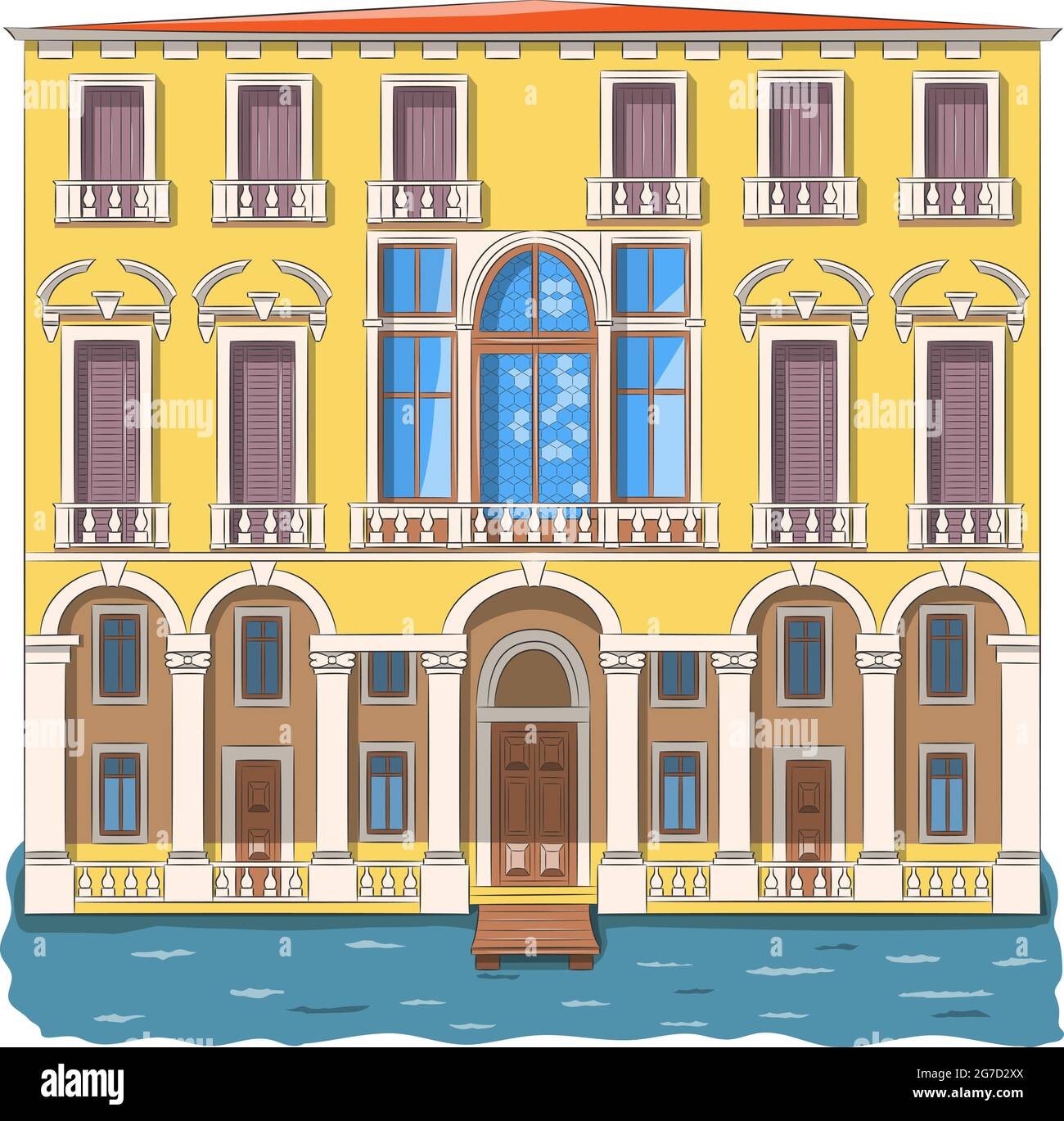 Un tradizionale vecchio edificio a piu' piani con un molo di legno su di un canale d'acqua verde. Venezia. Italia. Illustrazione Vettoriale