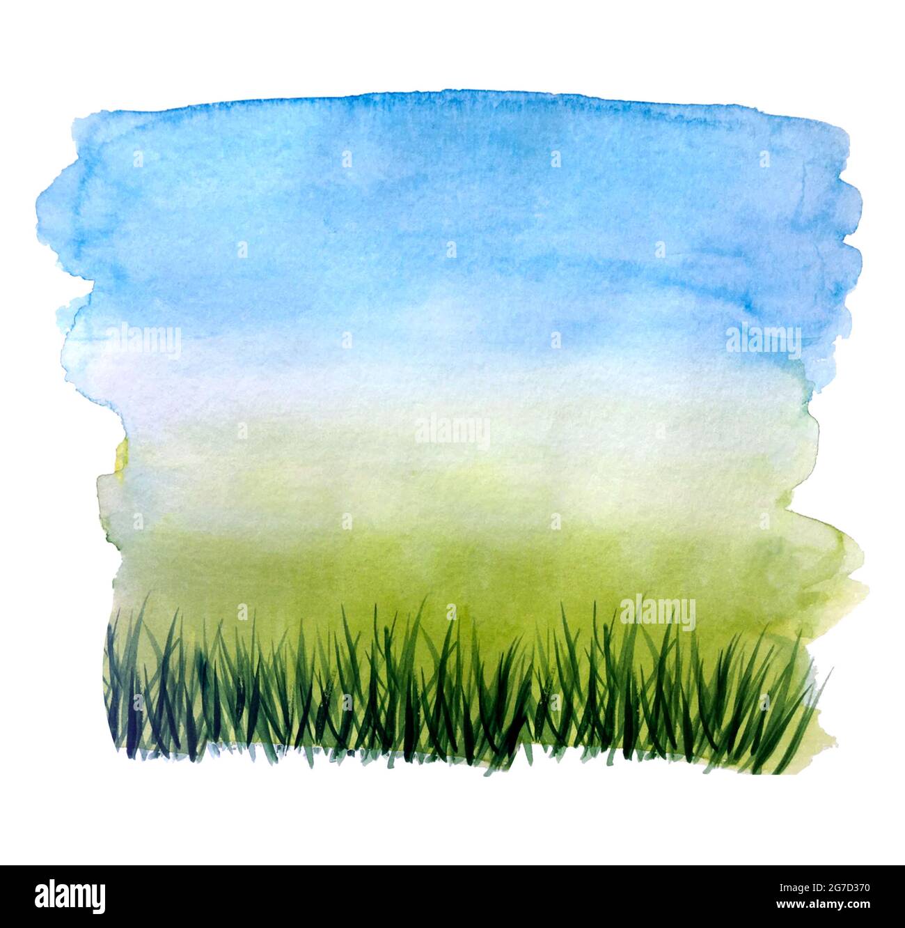 Illustrazione acquerello sfondo estate prato cielo blu ed erba verde, mano disegnata natura, campagna. Per sfondo, sfondo, banner, cartolina. Per il tuo progetto. Foto Stock