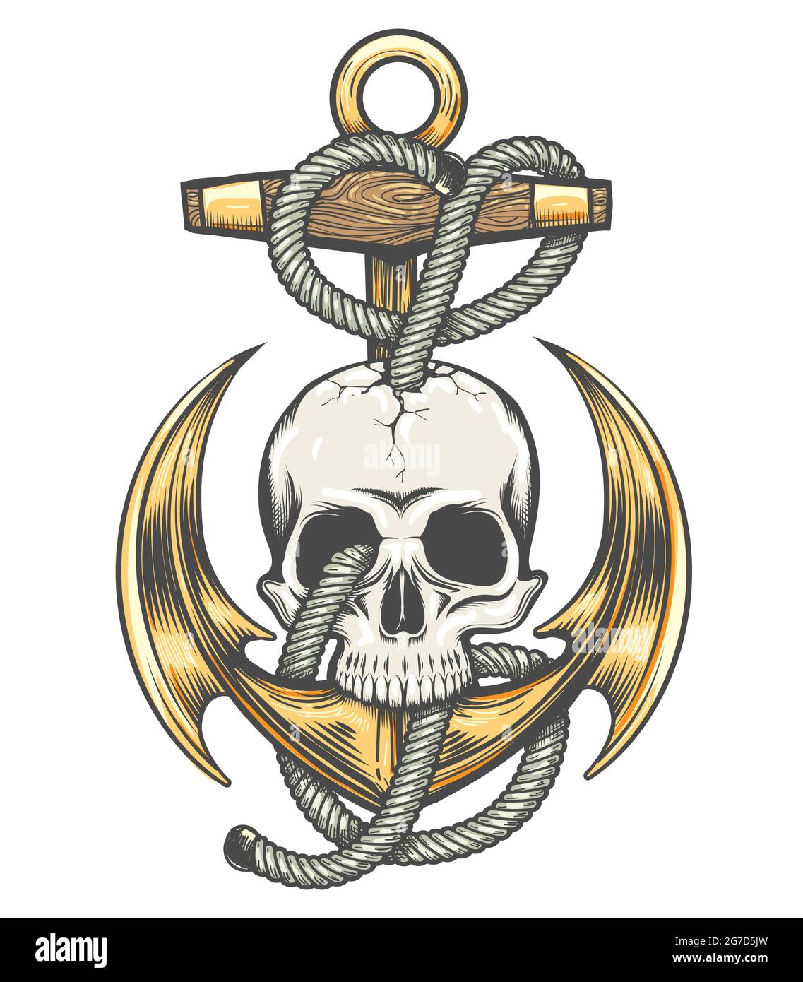 Tatuaggio colorato di cranio e ancoraggio con corde isolate su bianco. Illustrazione vettoriale Illustrazione Vettoriale