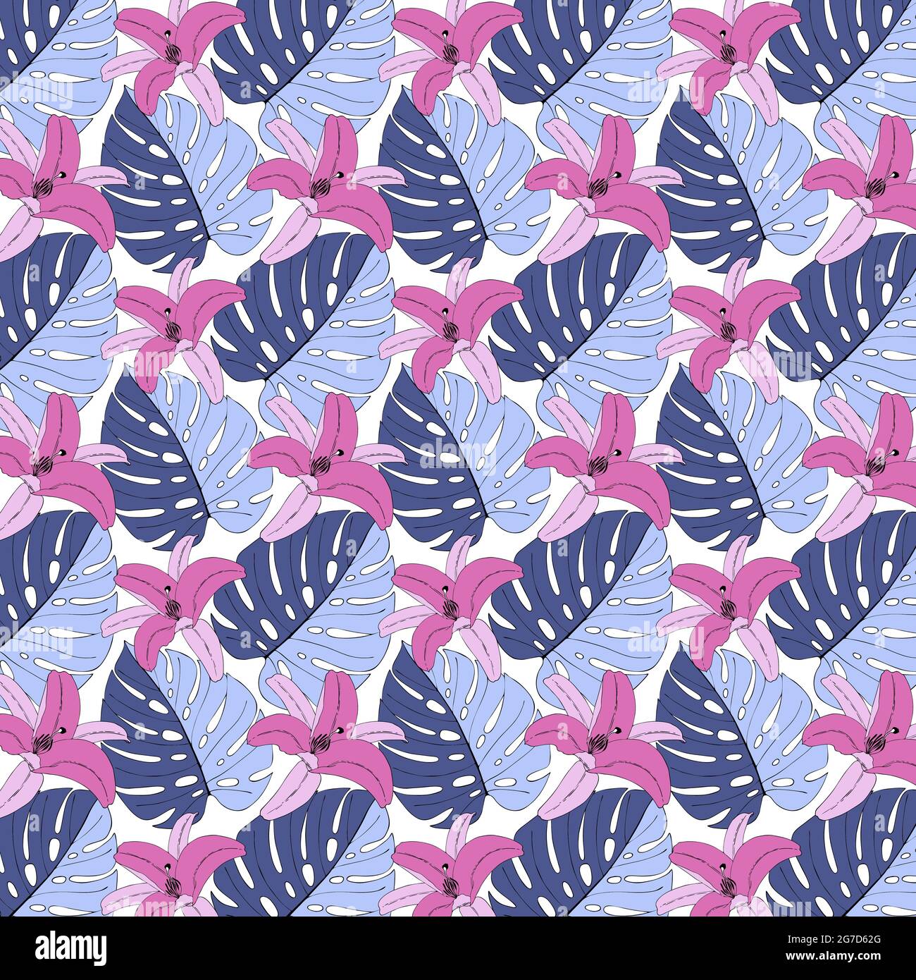 Modello tropicale, foglia di monstera e orchidea, giglio rosa, su sfondo bianco, senza cuciture. Illustrazione vettoriale Illustrazione Vettoriale