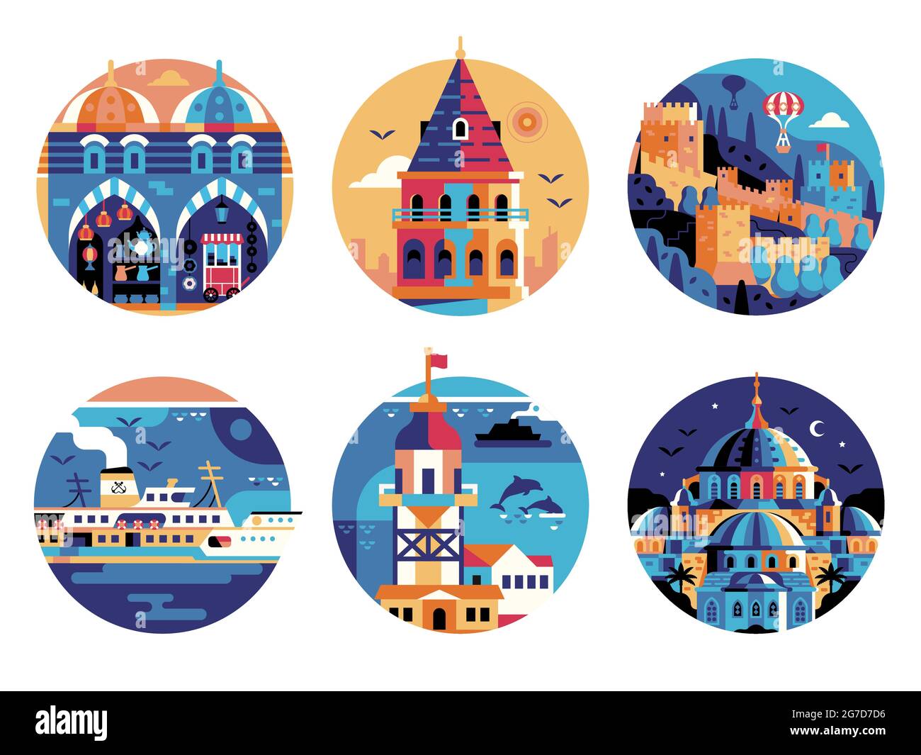 Set di icone del cerchio dei monumenti storici di Istanbul Travel Illustrazione Vettoriale