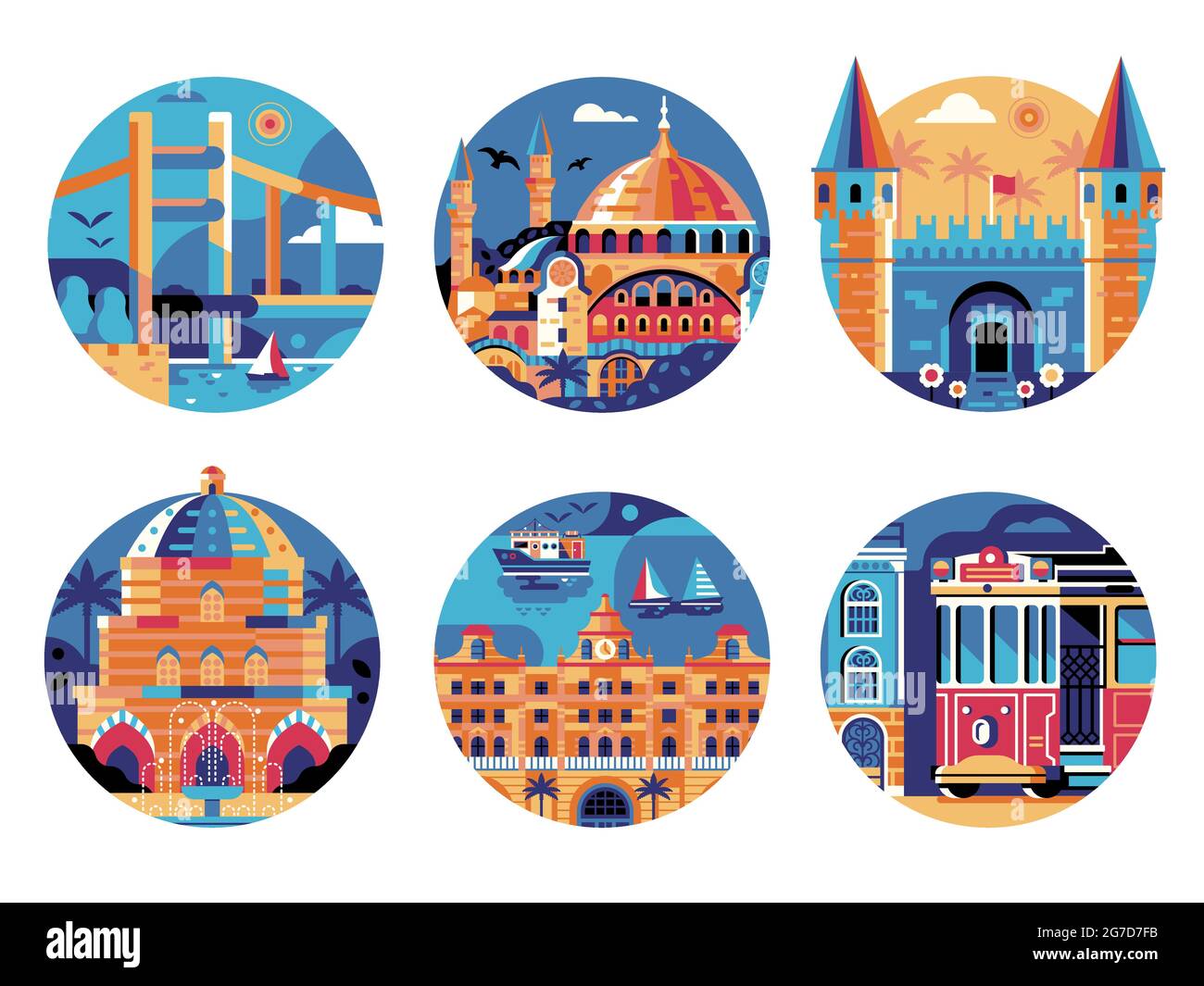 Set di icone del cerchio dei monumenti storici di Istanbul Travel Illustrazione Vettoriale