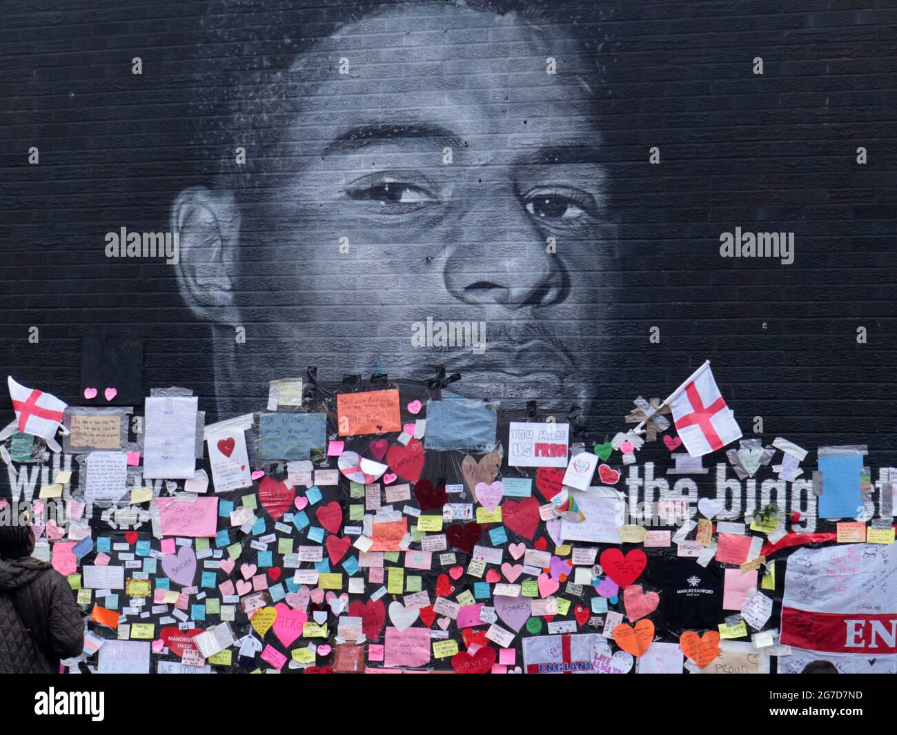 Manchester Inghilterra 13 luglio 2021 Murale di Marcus Rashford adornato con messaggi di buona volontà e di sostegno. ©Alamy Foto Stock