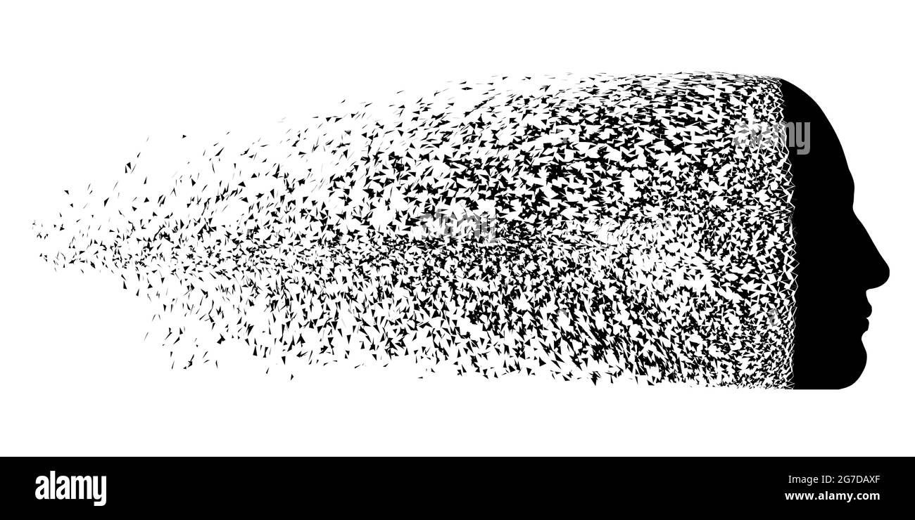 La sagoma della testa umana si sgretola in frammenti isolati su sfondo bianco. Illustrazione vettoriale. Illustrazione Vettoriale
