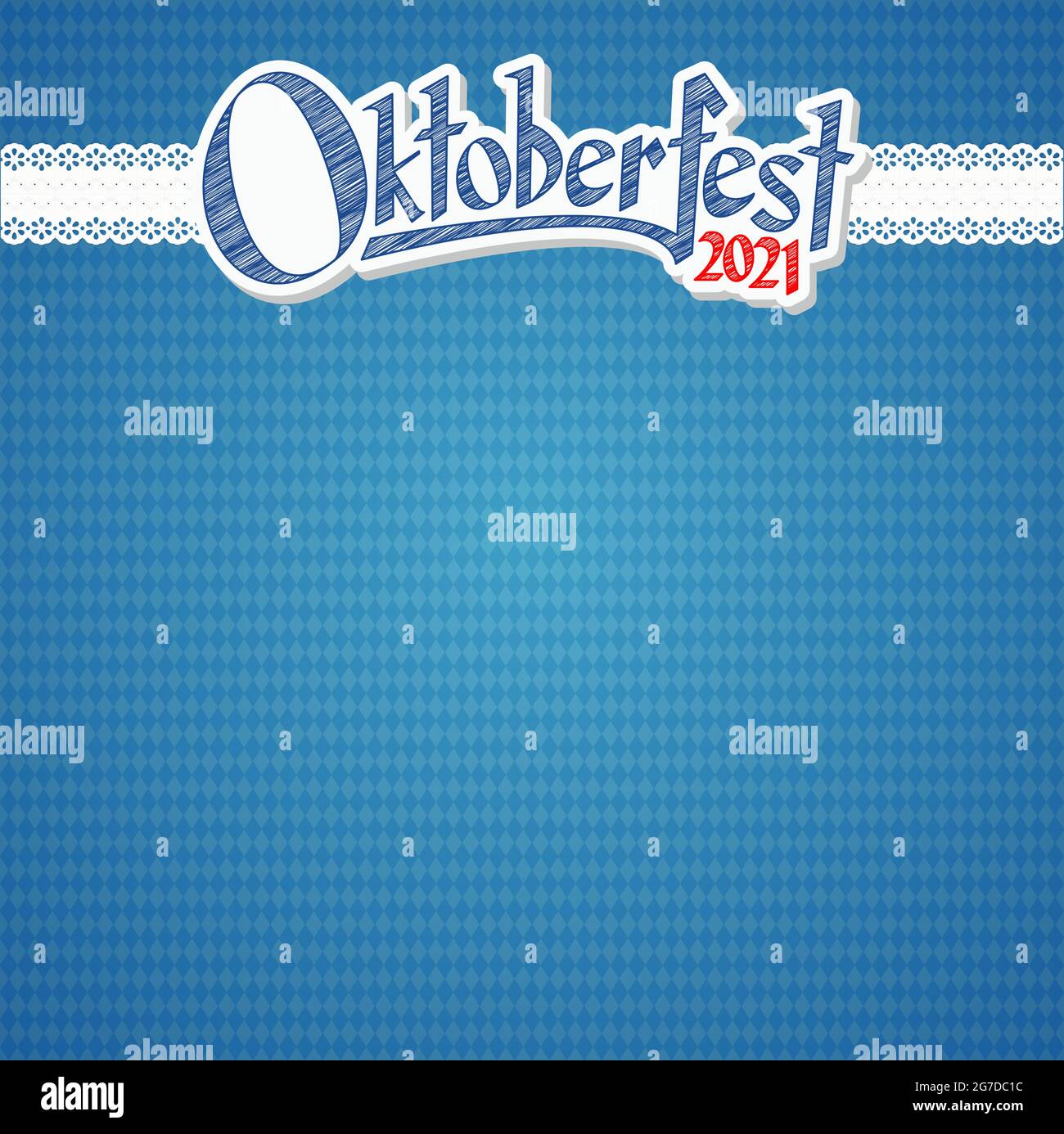Oktoberfest sfondo con motivo a scacchi blu-bianco, banner e testo Oktoberfest 2021 (in tedesco) Illustrazione Vettoriale