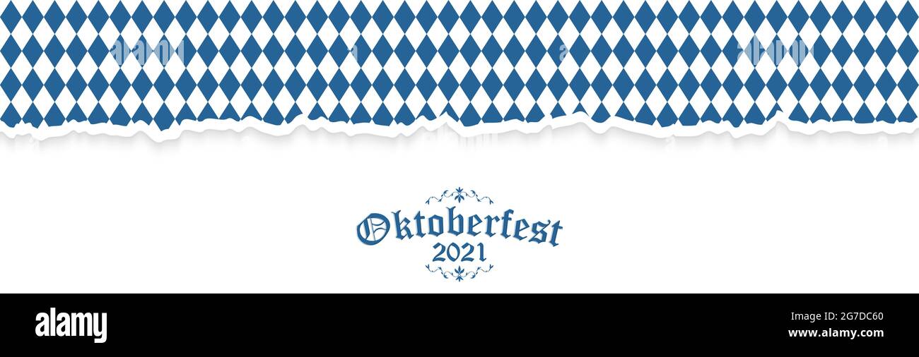 Sfondo Oktoberfest con carta aperta strappata con motivo a scacchi blu-bianco E testo Oktoberfest 2021 Illustrazione Vettoriale