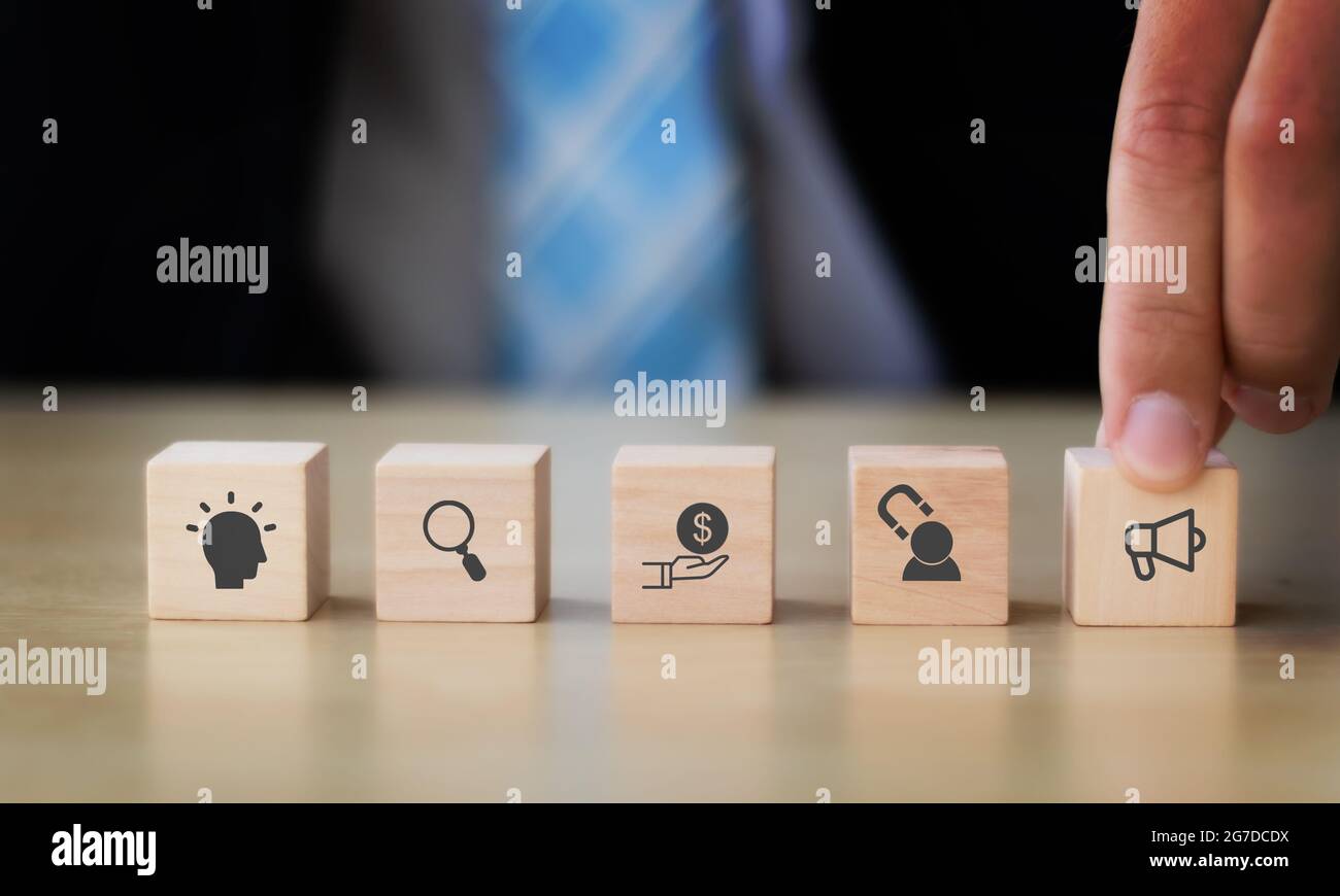 Digital marketing imbuto concetto: Conquistare nuovi clienti con strategie di marketing ; cubi di legno con la consapevolezza della fase, considerazione, acquisto, retent Foto Stock