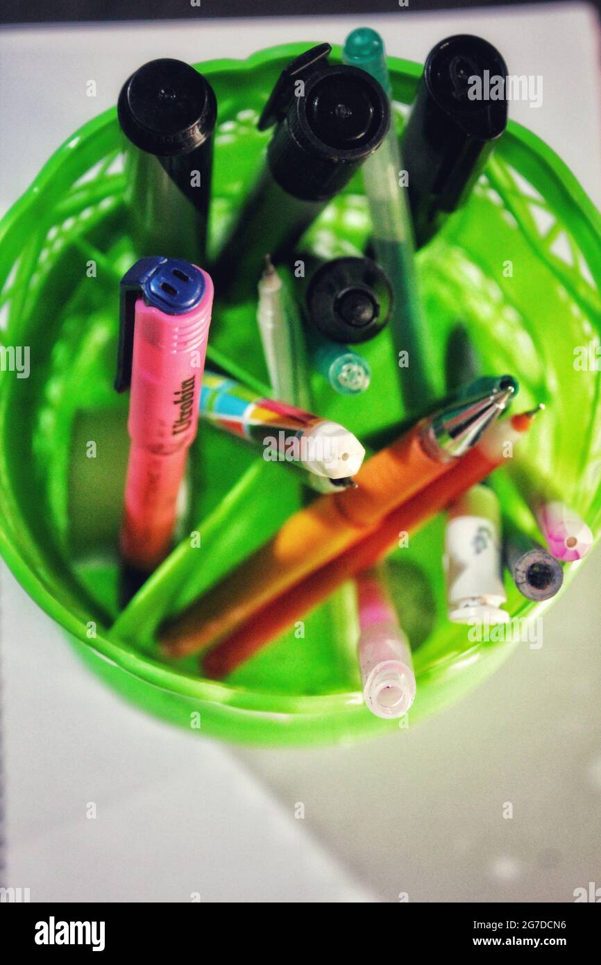 Penna nella casella penna, vista superiore, nuova immagine della casella penna Foto Stock