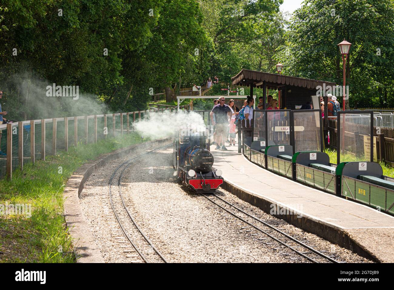 Vapore che fuoriesce dal camino del motore a vapore in miniatura mentre le famiglie partono dal giro al Moors Valley Country Park. Ashley Heath, Ringwood, Foto Stock