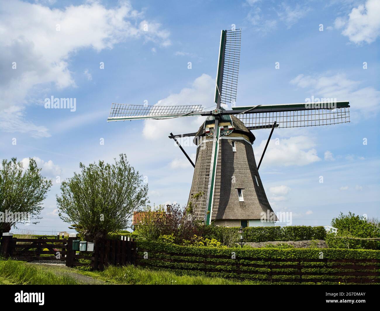 Paesaggio olandese con mulino a vento nel polder. Foto Stock