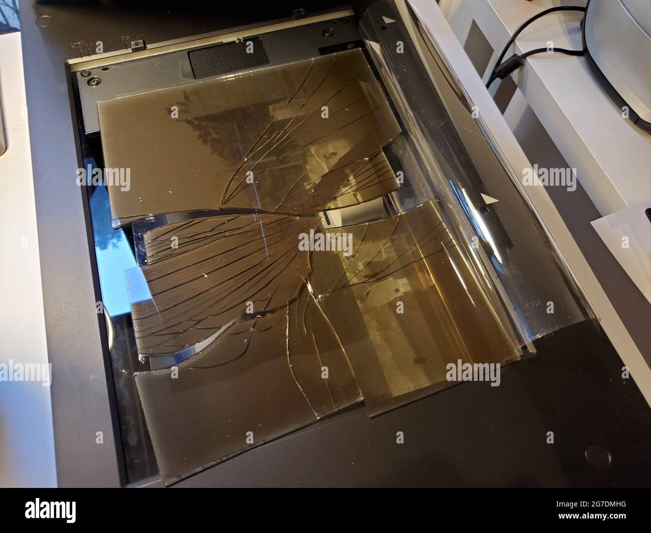 Un negativo di lastra di vetro rotto viene scansionato su uno scanner Epson, parte di un lavoro di restauro archivistico, Lafayette, California, 3 gennaio 2021. () Foto Stock