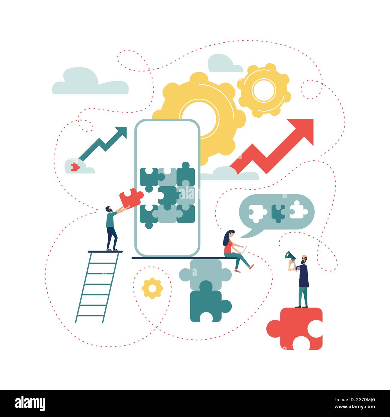 Сoncept di creare un'applicazione mobile utilizzando un puzzle. Il team di sviluppo sta lavorando alla creazione di un'applicazione per lo smartphone. Foto Stock