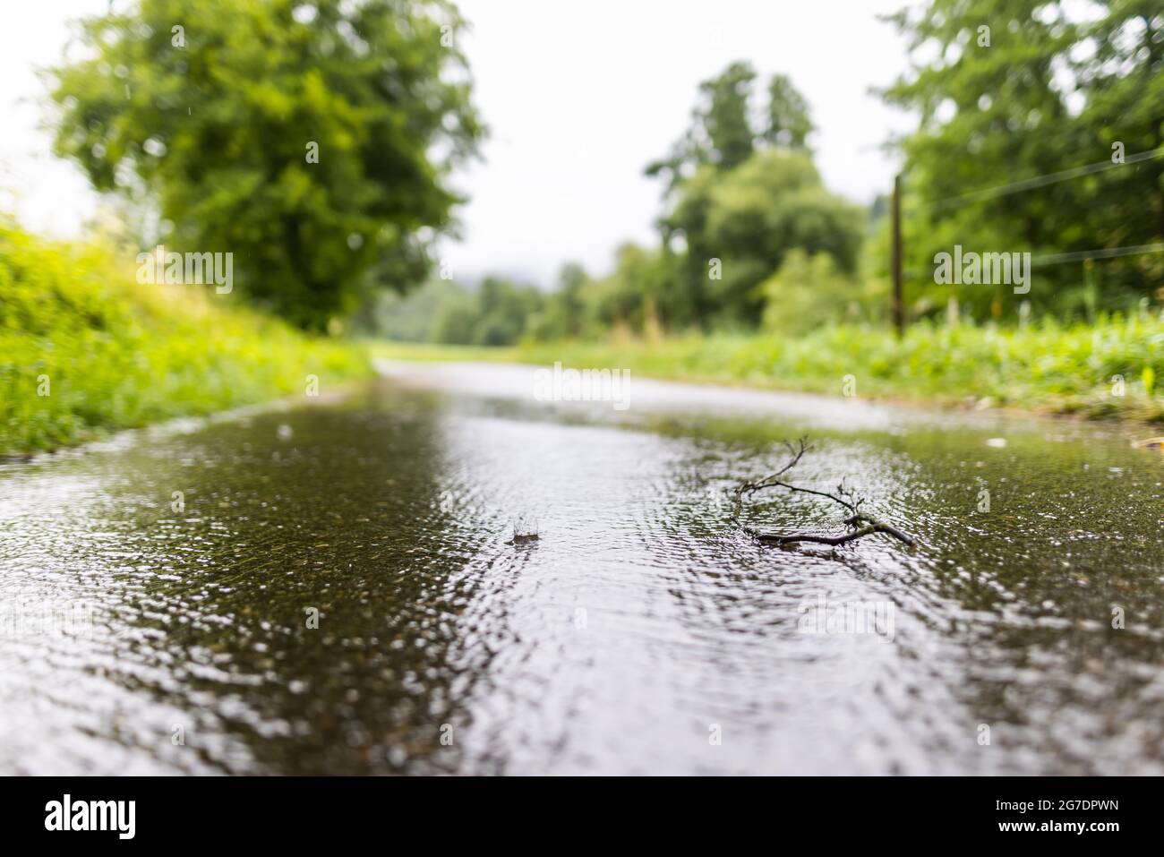 Sexau, Germania. 13 luglio 2021. Un ramo si trova su una strada, mentre accanto ad essa una goccia fa la strada traboccante d'acqua splash up. La pioggia che è caduta dalla sera prima e durante la notte ha causato fiumi e corsi d'acqua per gonfiare e ammorbidire il suolo, che è già saturo sulla superficie. (A dpa: 'Il pericolo di alluvione nel sud-ovest aumenta') Credit: Philipp von Ditfurth/dpa/Alamy Live News Foto Stock