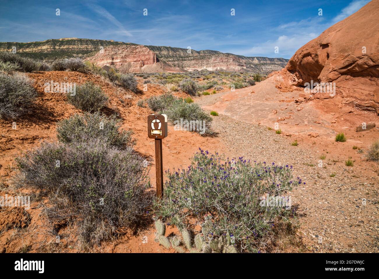 Mormon Trail marker vicino a Dance Hall Rock, Hole in the Rock Road, Grand Staircase Escalante National Monument, Utah, USA Foto Stock