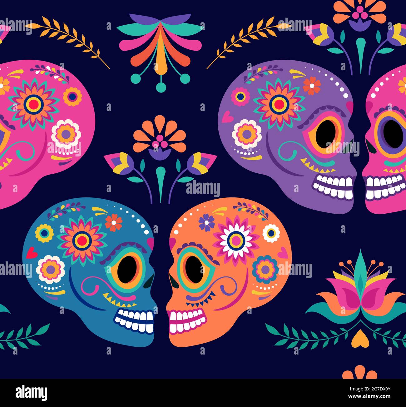 Giorno della morte motivo senza giunture e sfondo con teschi colorati e fiori tradizionali messicani, bandiera dia de los muertos. Fiesta, Halloween Illustrazione Vettoriale