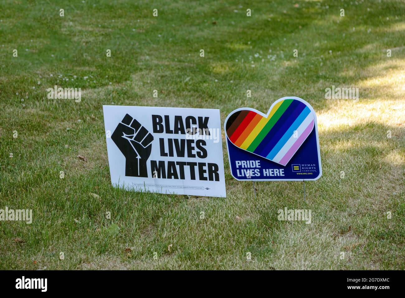 Segno politico, Black Lives Matter, segno di orgoglio gay, su prato, Stati Uniti, Di James D Coppinger/Dembinsky Photo Assoc Foto Stock