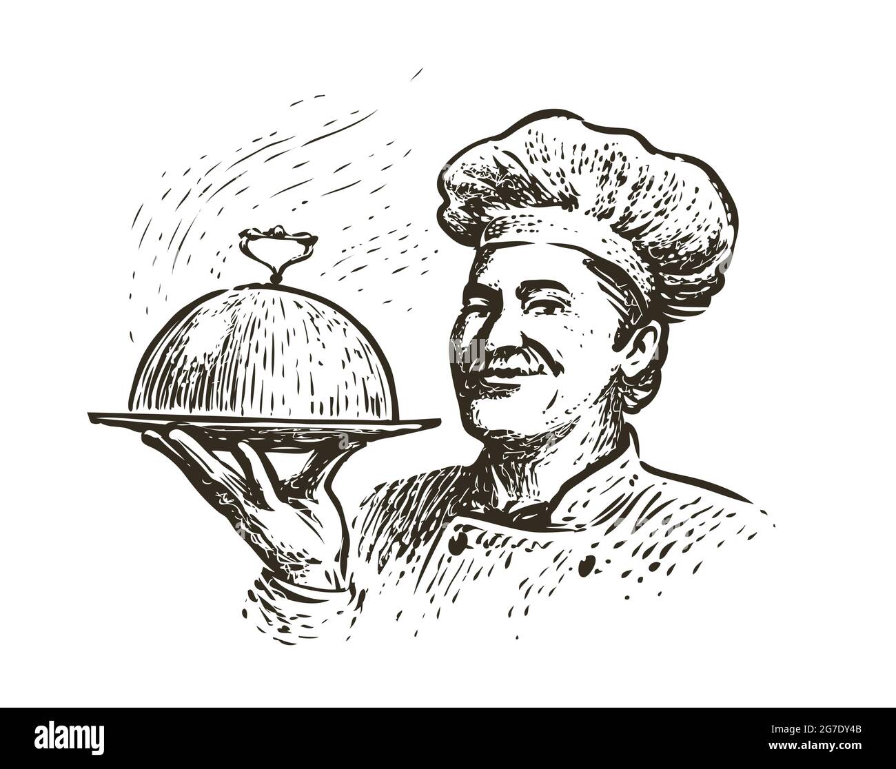 Chef con un vassoio. Illustrazione per il design del menu di un ristorante o di un ristorante Illustrazione Vettoriale