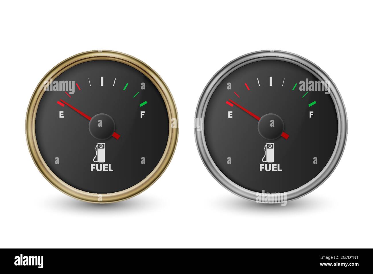 Vector 3d Realistic Golden, indicatore serbatoio del gas cerchio d'argento, quadrante nero, barra del livello dell'olio isolata su sfondo bianco. Dettagli cruscotto auto. Carburante Illustrazione Vettoriale