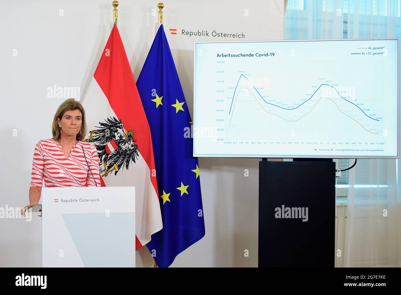 Vienna, Austria. 13 luglio 2021. Conferenza stampa dopo l'avvio del Consiglio per i nuovi mondi di lavoro con Eva Höltl, responsabile del Centro sanitario della Erste Bank. Foto Stock