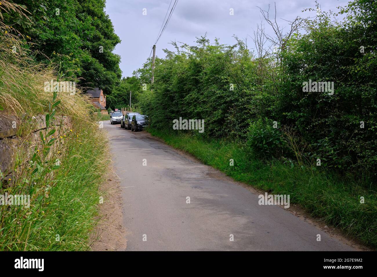 Auto parcheggiate su Common Lane nei Notts rurali Foto Stock