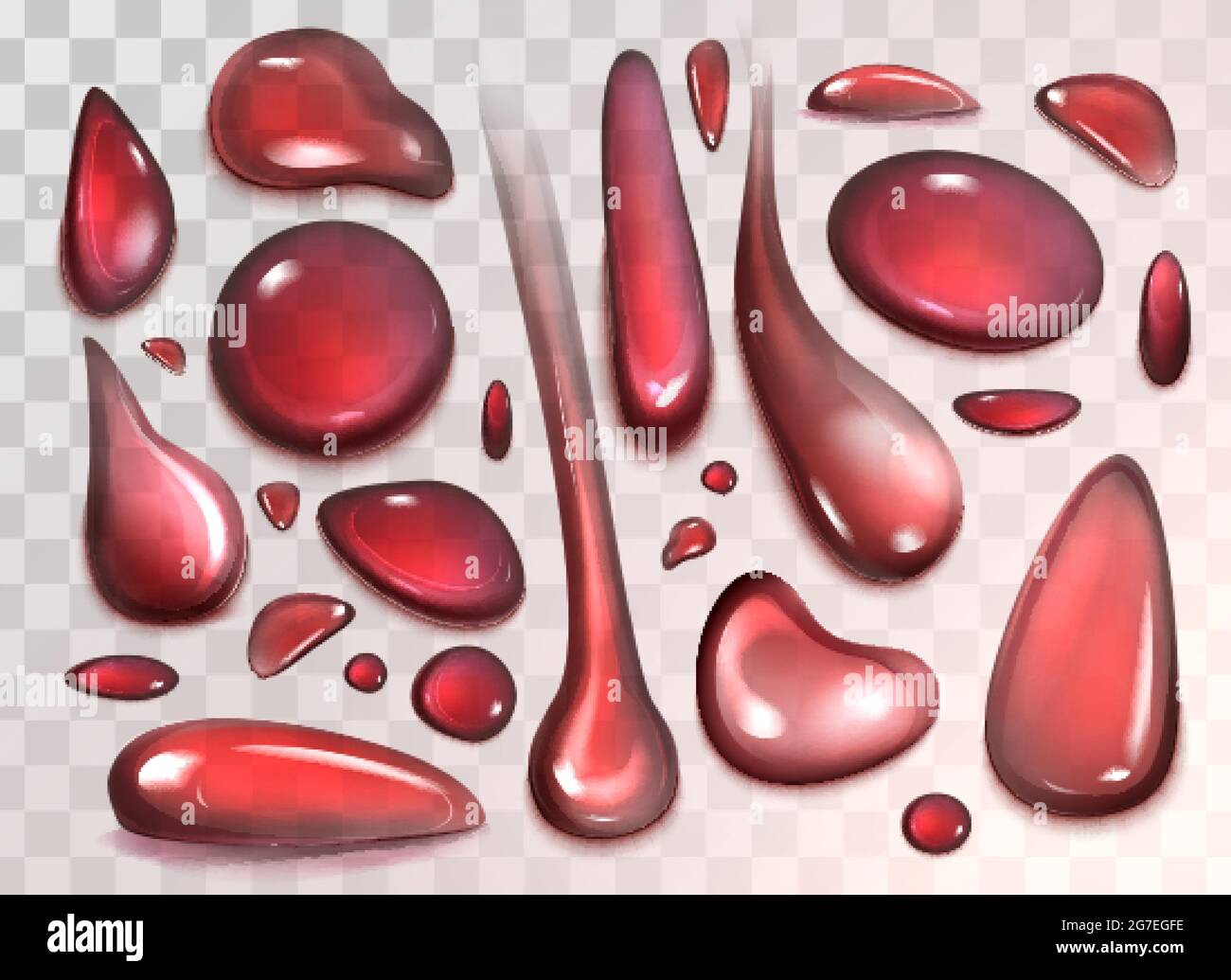 Gocce rosse di vino, acqua, succo o sangue isolate su sfondo trasparente. Vettore realistico gocce liquide di ciliegia, fragola o succo di melograno, bevanda di frutta. Bolle trasparenti di forma diversa. Illustrazione Vettoriale