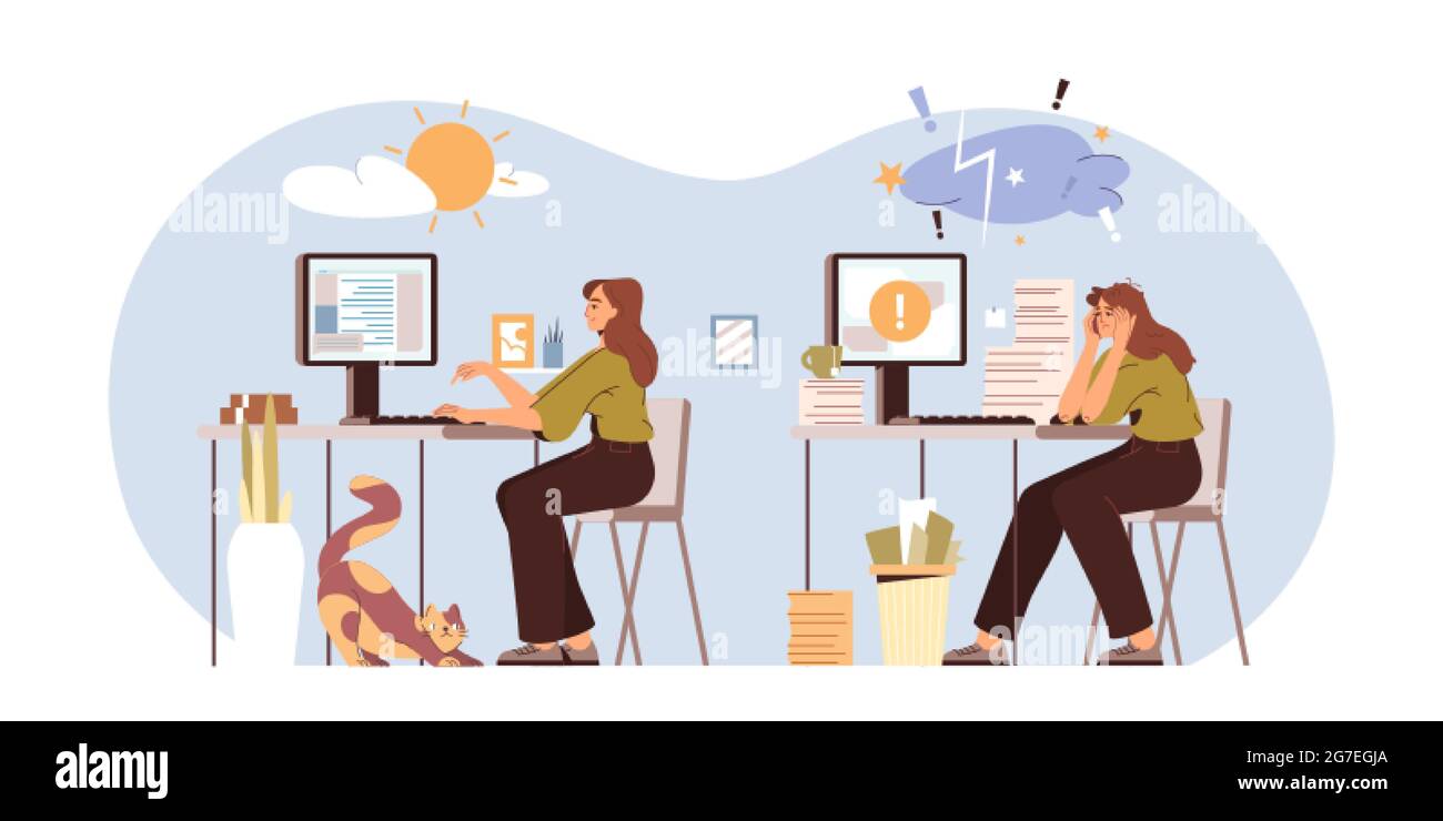 Illustrazione vettoriale professionale della sindrome di burnout. Felice e esausta lavoratrice d'ufficio seduta al tavolo con alti e bassi livelli di energia. Concetto di stress, stanchezza, problemi di salute mentale. Illustrazione Vettoriale