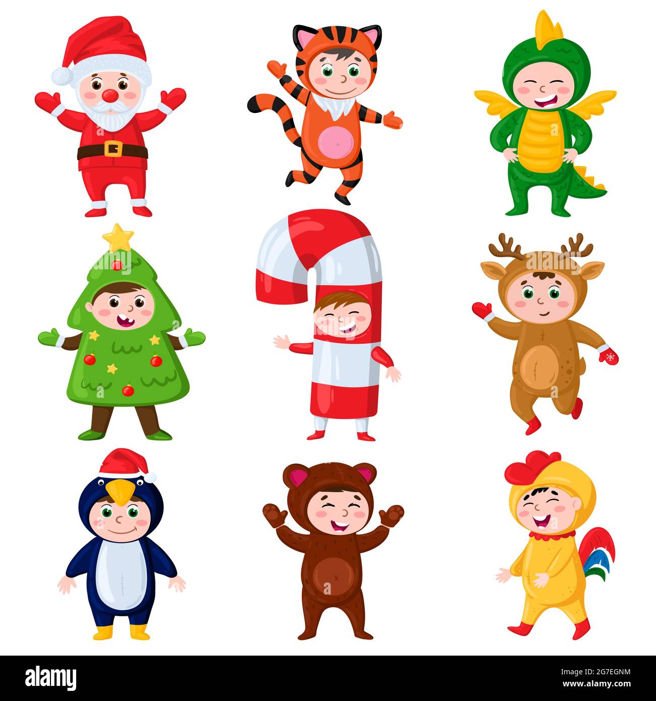 I bambini dei cartoni animati indossano i costumi di Natale. Bambini in carnevale festa renna, abete albero e pinguino costumi vettore illustrazione set. Bambini a Natale Illustrazione Vettoriale