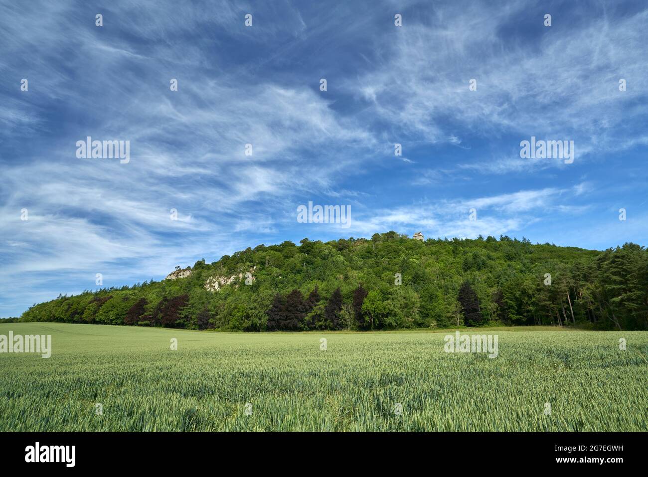 Fatlips Castle, un'icona dei confini scozzesi arroccata sulla cima di Minto Crags che si affaccia su Teviotdale, passando per Denholm e Bedrule, sulla famosa collina di Ruberswaw. Foto Stock