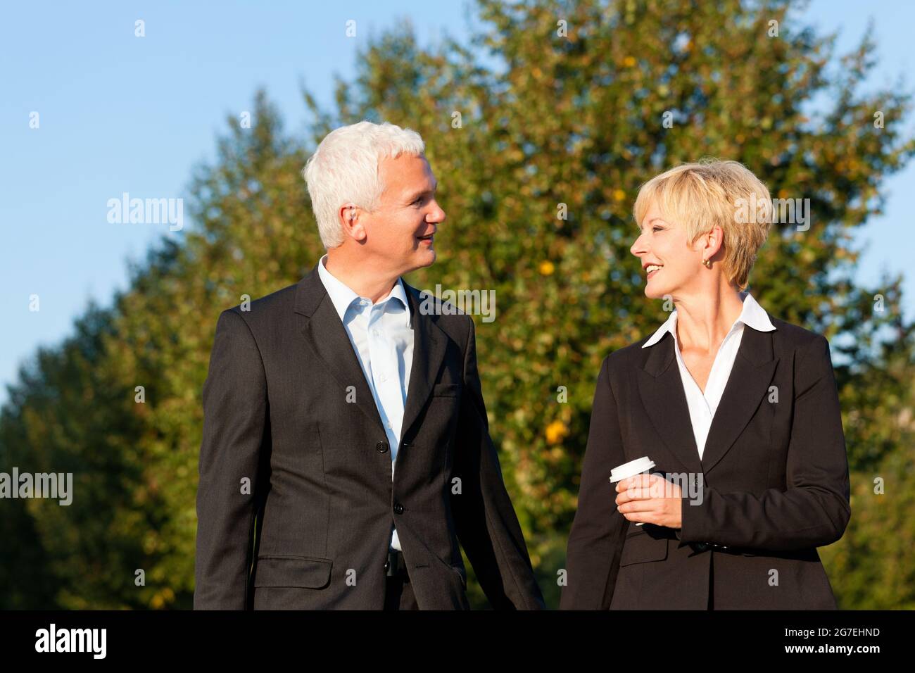 Uomini d'affari - maturi o anziani - che parlano all'aperto e che camminano in un parco Foto Stock