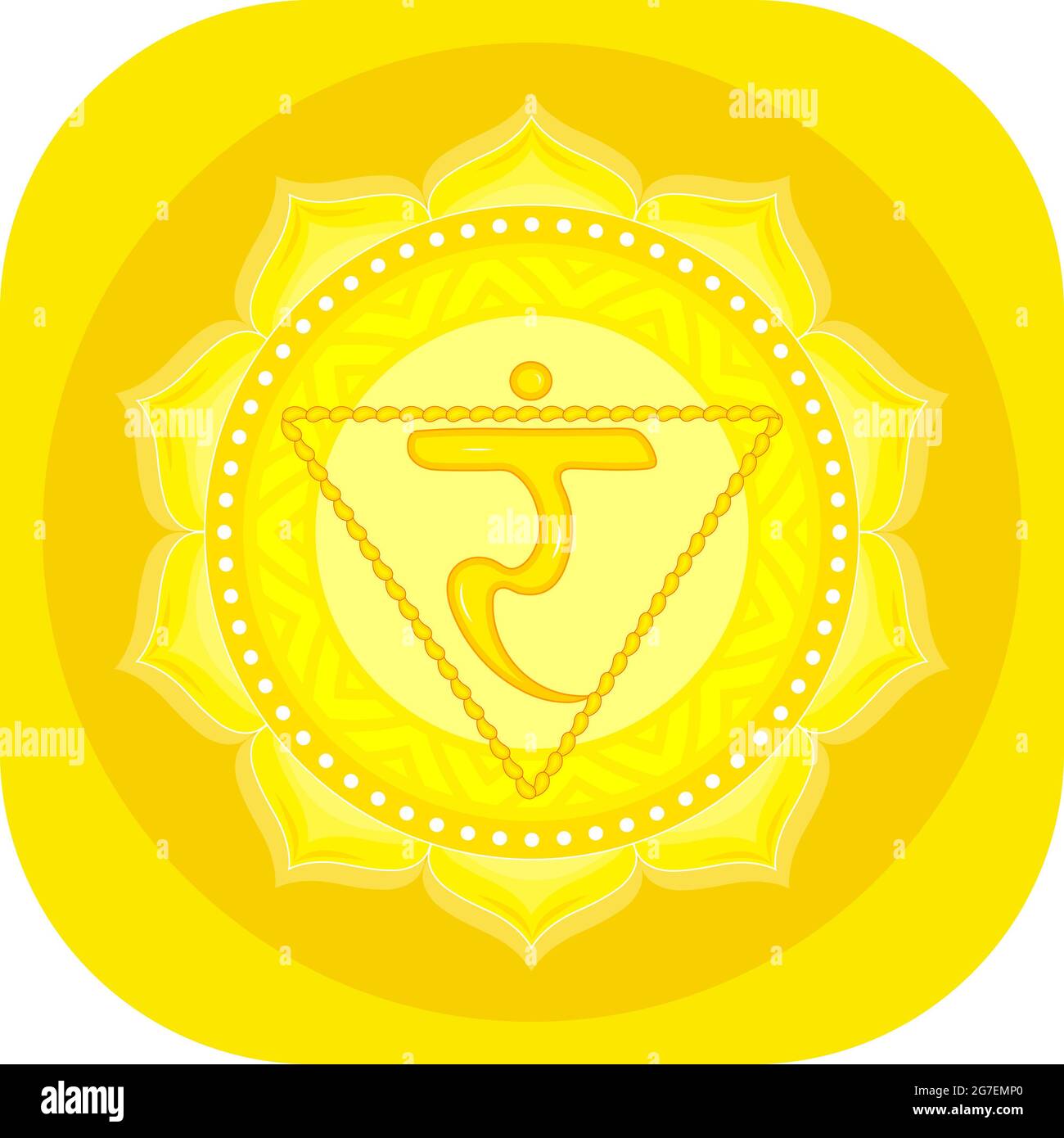 Il terzo chakra di Manipur. Solar Plexus Chakra con sanscrito indù. Il giallo è un simbolo piatto di meditazione, yoga. Illustrazione Foto Stock