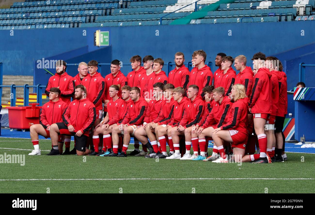 La squadra U20 del Galles prima della partita Under 20s Guinness Six Nations al Cardiff Arms Park, Cardiff. Data immagine: Martedì 13 luglio 2021. Foto Stock