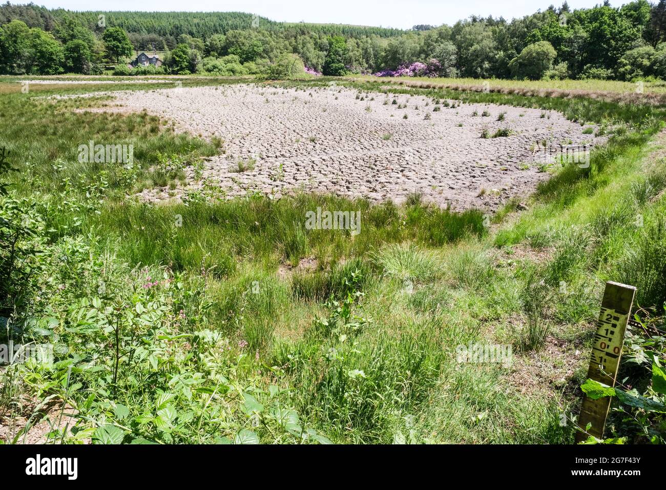 Un letto di lago asciutto vicino al villaggio Derbyshire di Baslow. Un indicatore di profondità indica l'assenza di acqua. Foto Stock Un letto di lago asciutto vicino al villaggio Derbyshire di Baslow. Un indicatore di profondità indica l'assenza di acqua. Foto Stock