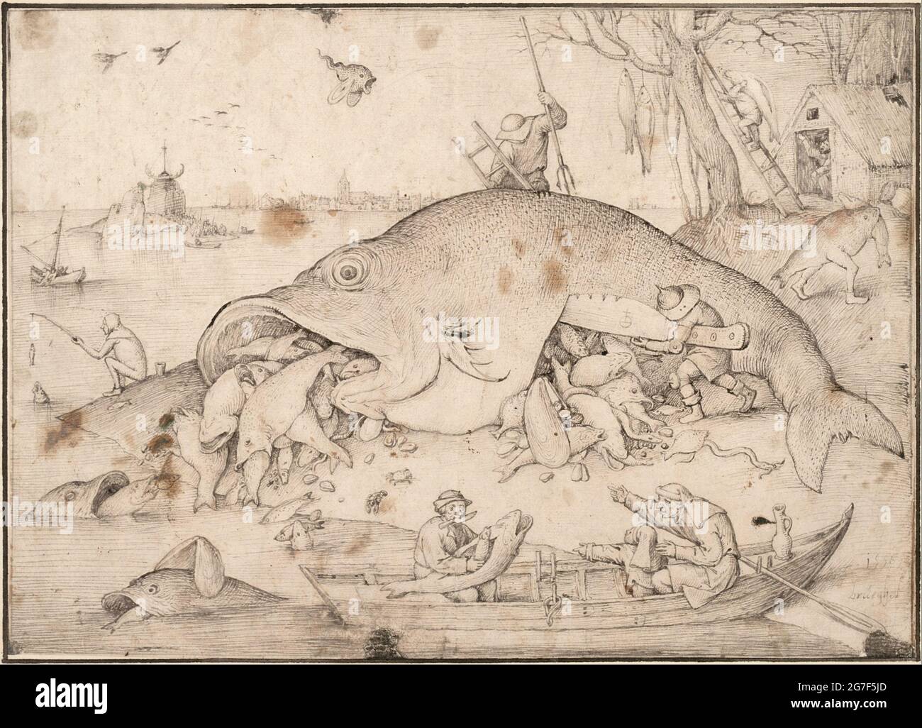 Il Big Fish Eat the Little Fish, 1556, di Pieter Brueghel il Vecchio Foto Stock