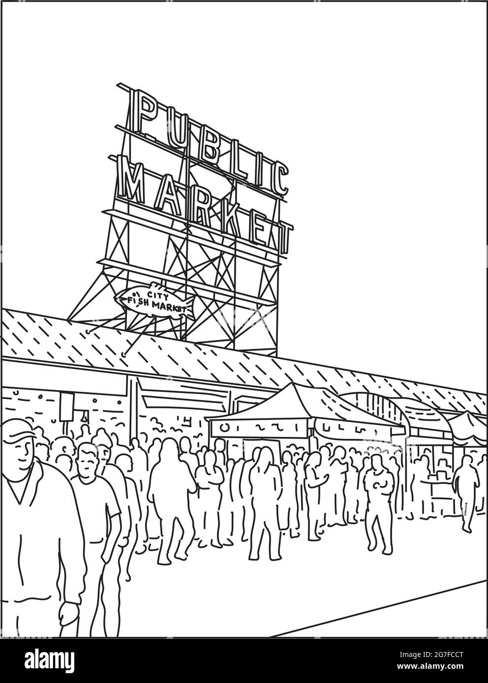 Illustrazione monolinea di Pike Place Market, un mercato pubblico a Seattle, Washington, il più antico mercato agricolo pubblico gestito in continuazione negli Stati Uniti i Illustrazione Vettoriale