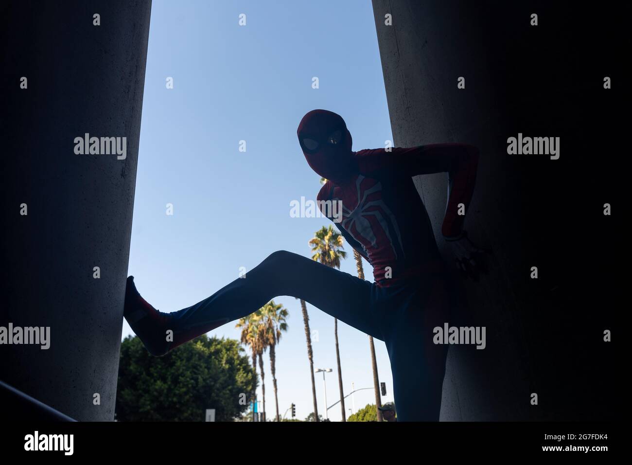Il partecipante che raffigura Spider-Man si pone bloccato tra due pareti contro la luce, alla convention 2019 di Comiccon a Los Angeles, California, Stati Uniti. Foto Stock