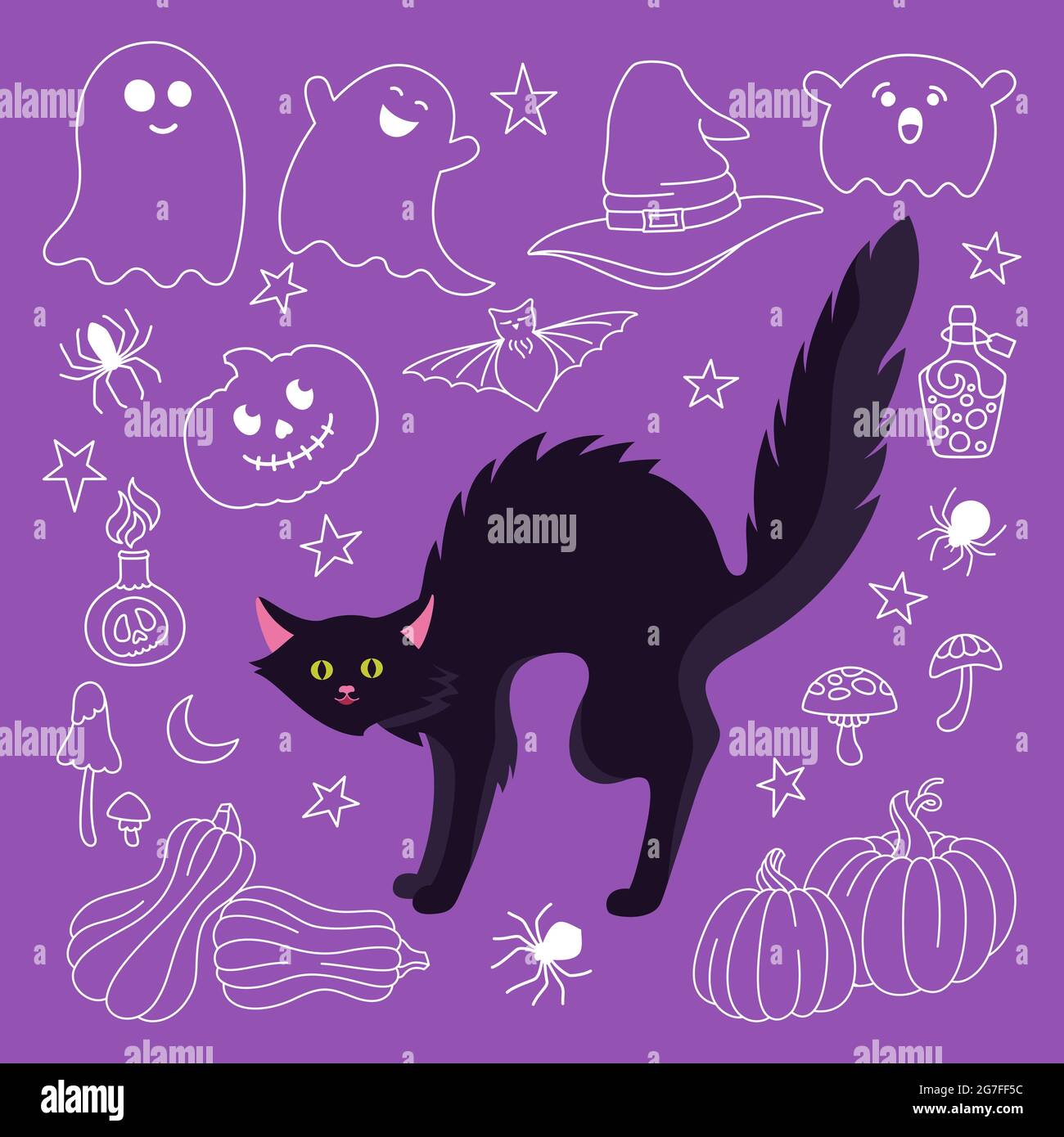Halloween carta gatto, zucca con viso e ragno. Doodle fungo, spaventato  kitten linea cartoon carattere. Cappello strega, simpatico fantasma, festa di  Halloween cartolina piatta. Illustrazione vettoriale Immagine e Vettoriale  - Alamy