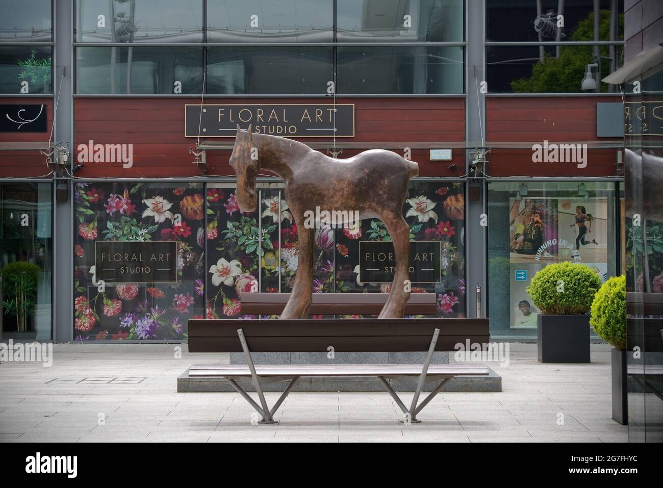 GREYSTONES, IRLANDA - 07 giu 2021: Vista laterale di 'Emer', la statua a forma di cavallo di Anthony Scott situato nel centro commerciale Meridian Point in Foto Stock