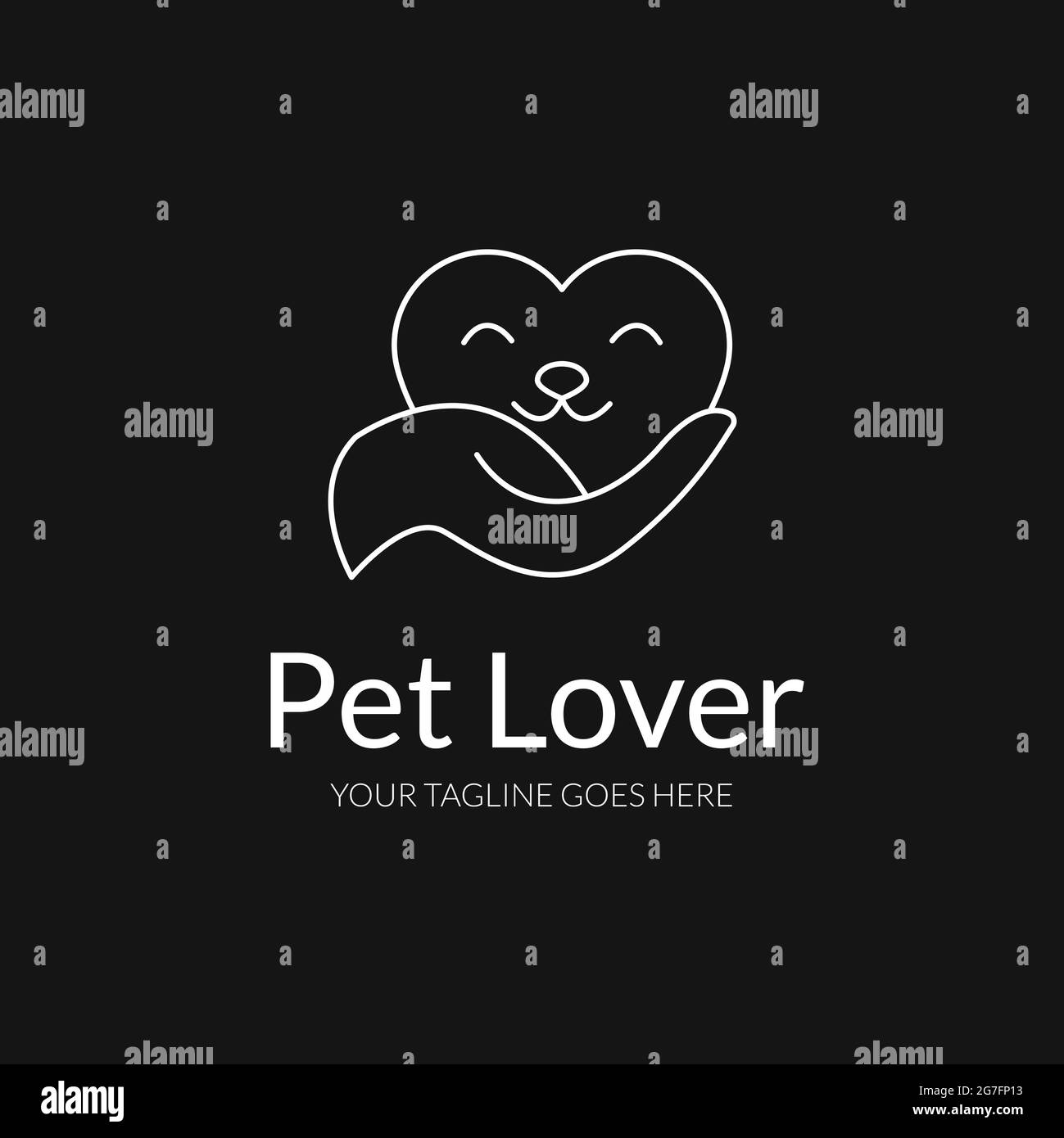 Illustrazione di Outline PET Lover con la mano e il volto di un animale domestico segno d'amore perfetto per il design del logo del negozio di animali domestici Foto Stock