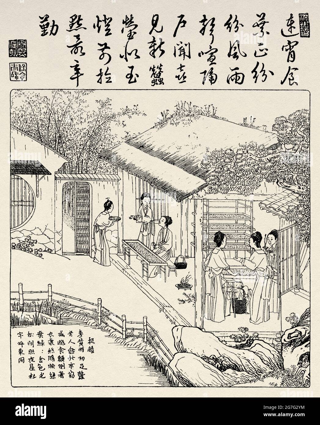 La tradizione della seta e della seta in Cina. Antica illustrazione del XIX secolo incisa da la Nature 1888 Foto Stock
