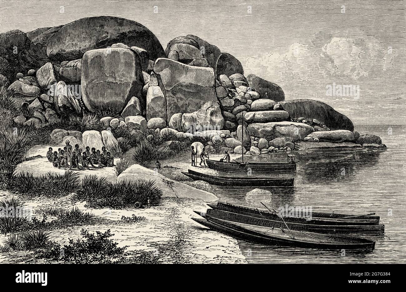 Rocce di granito di forme strane, Isola di Uezi, Africa Centrale. Viaggia verso l'Africa inesplorata, il misterioso continente di Henry Morton Stanley. Antica illustrazione incisa del XIX secolo, El Mundo Ilustrado 1880 Foto Stock