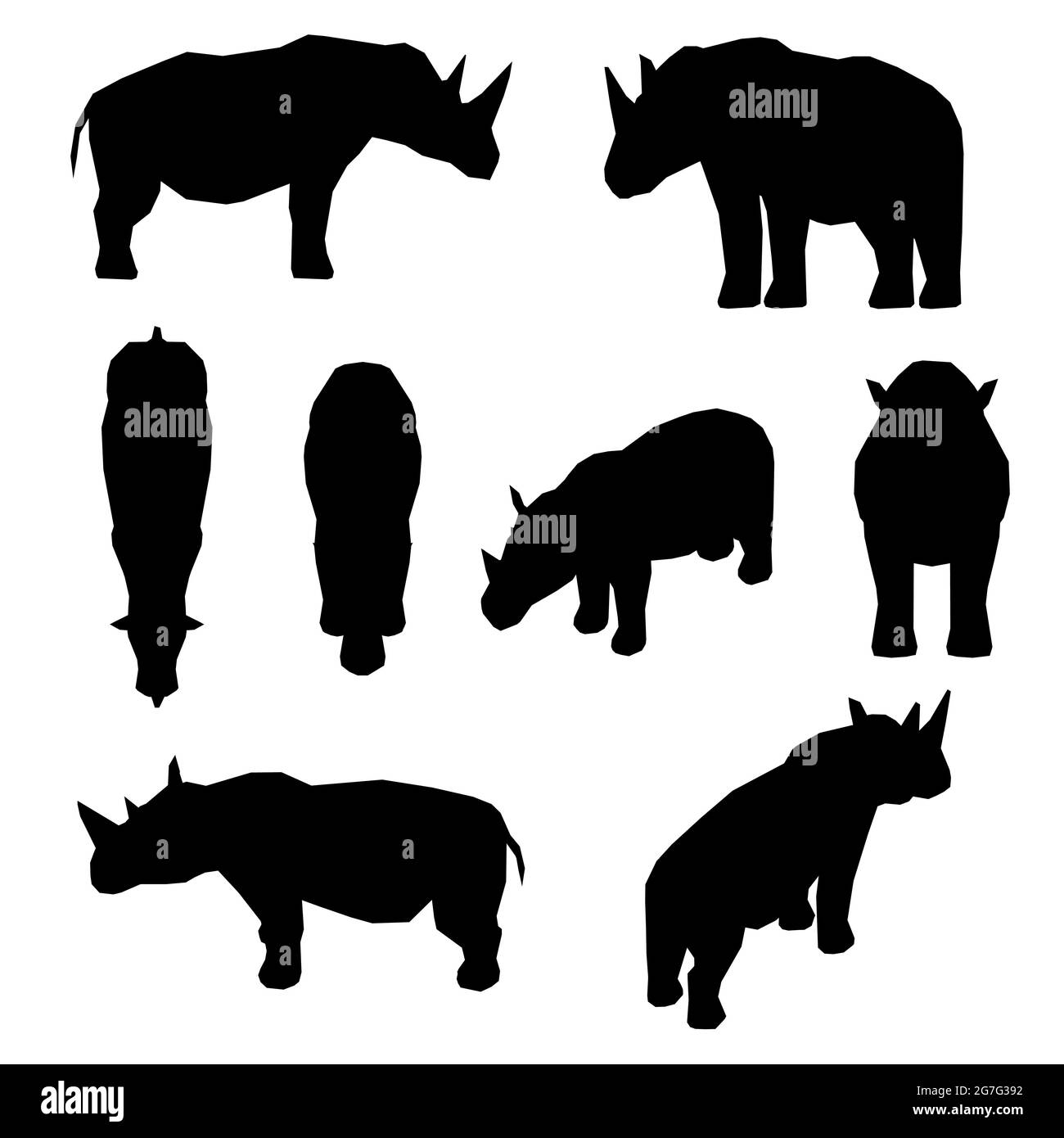 Set con sagome di un rinoceronte in diverse posizioni isolate su sfondo bianco. Illustrazione vettoriale. Illustrazione Vettoriale