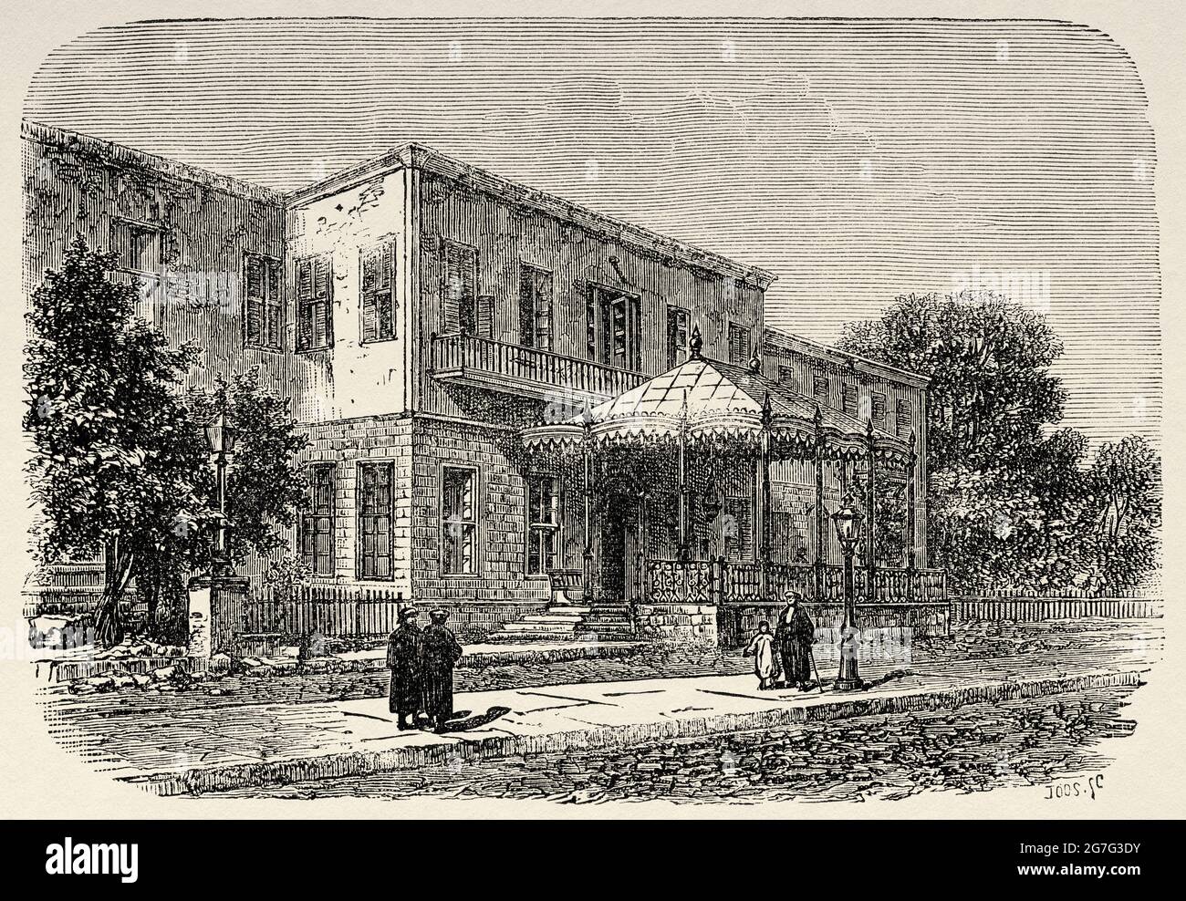 Shepheard's Hotel è stato il principale hotel del Cairo e uno dei più famosi hotel del mondo dalla metà del XIX secolo. Cairo, Egitto, Nord Africa. Antica illustrazione del 19 ° secolo inciso da El Mundo Ilustrado 1880 Foto Stock