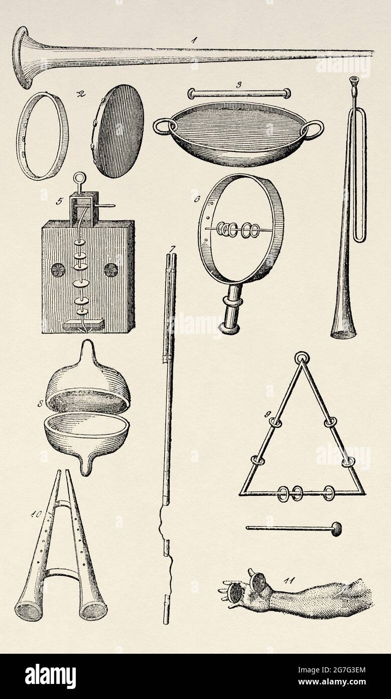 Strumenti musicali citati nei salmi. 1 Hazocera, 2-3 TOF o Tambourine, 4 Tromba, 5-6 Menaneim, 7-10 Halil o Nehila, 8-11 Celcelcellim o Mecillhaim, 9 Schalischim. Antica illustrazione del 19 ° secolo inciso da El Mundo Ilustrado 1880 Foto Stock