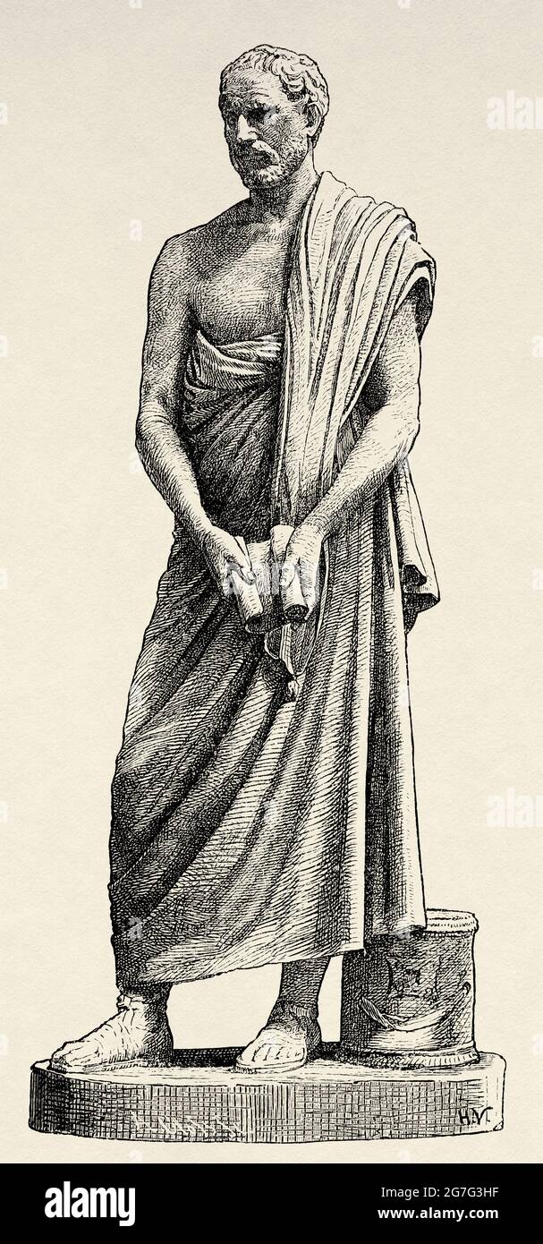 Demosthenes è stato uno dei relatori più importanti della storia e un importante politico ateniese. È nato ad Atene, nell'anno 384 a. C. e morì a Calauria, nell'anno 322 a. C. Grecia antica, Europa. Antica illustrazione del 19 ° secolo inciso da El Mundo Ilustrado 1880 Foto Stock